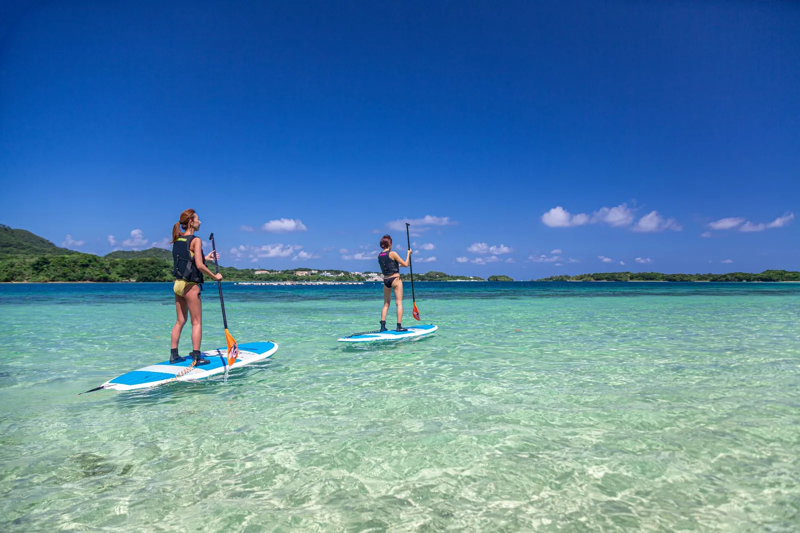 Two women paddling SUPs toward distant islands, seen from behind