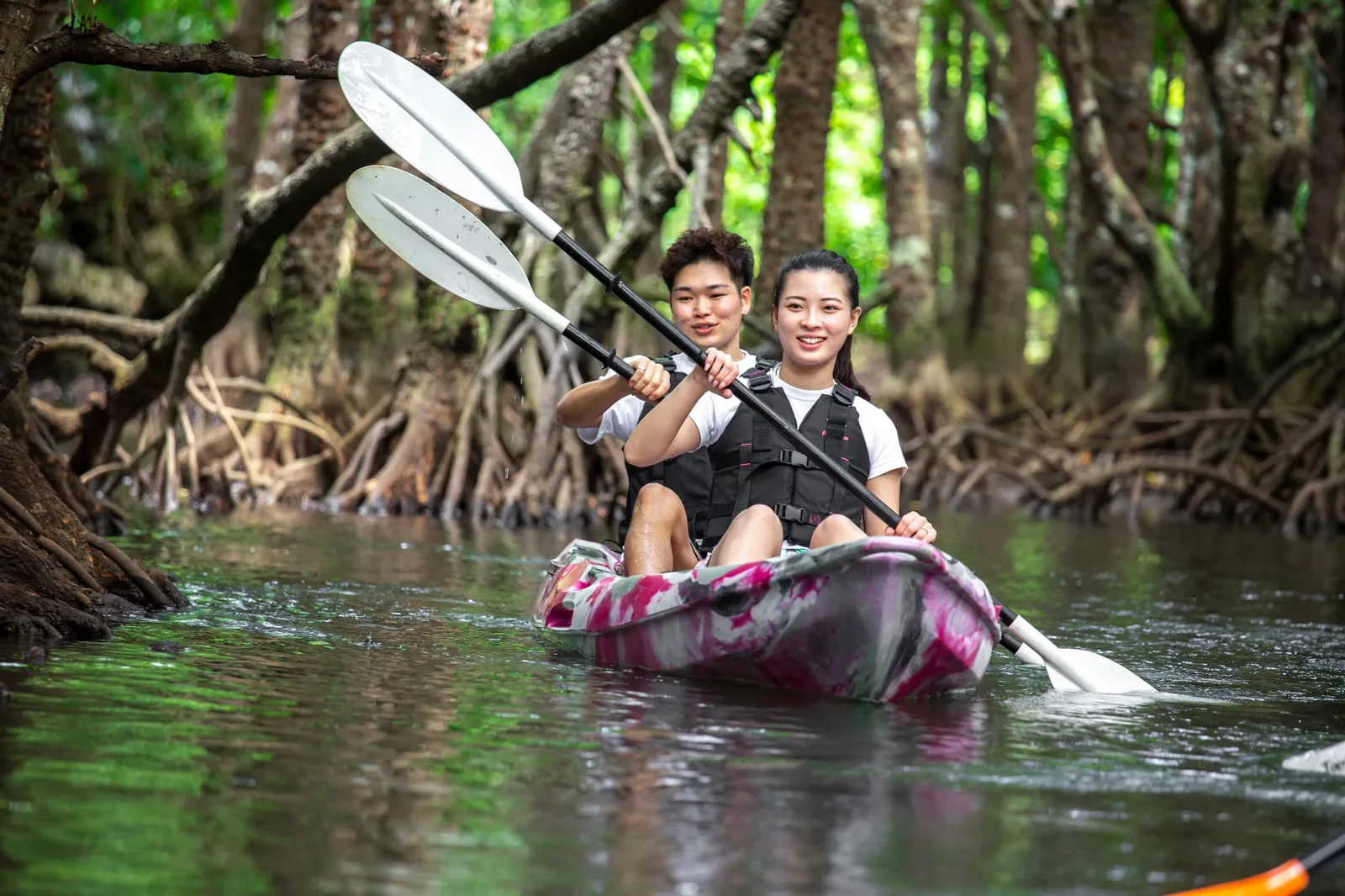 A man and a woman paddling a two-person canoe on a river where mangrove roots spread out