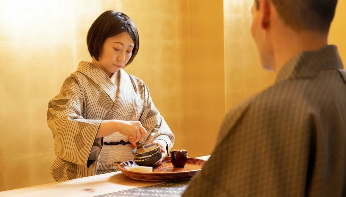 着物姿のスタッフがカウンターで茶碗に茶筅を入れる様子