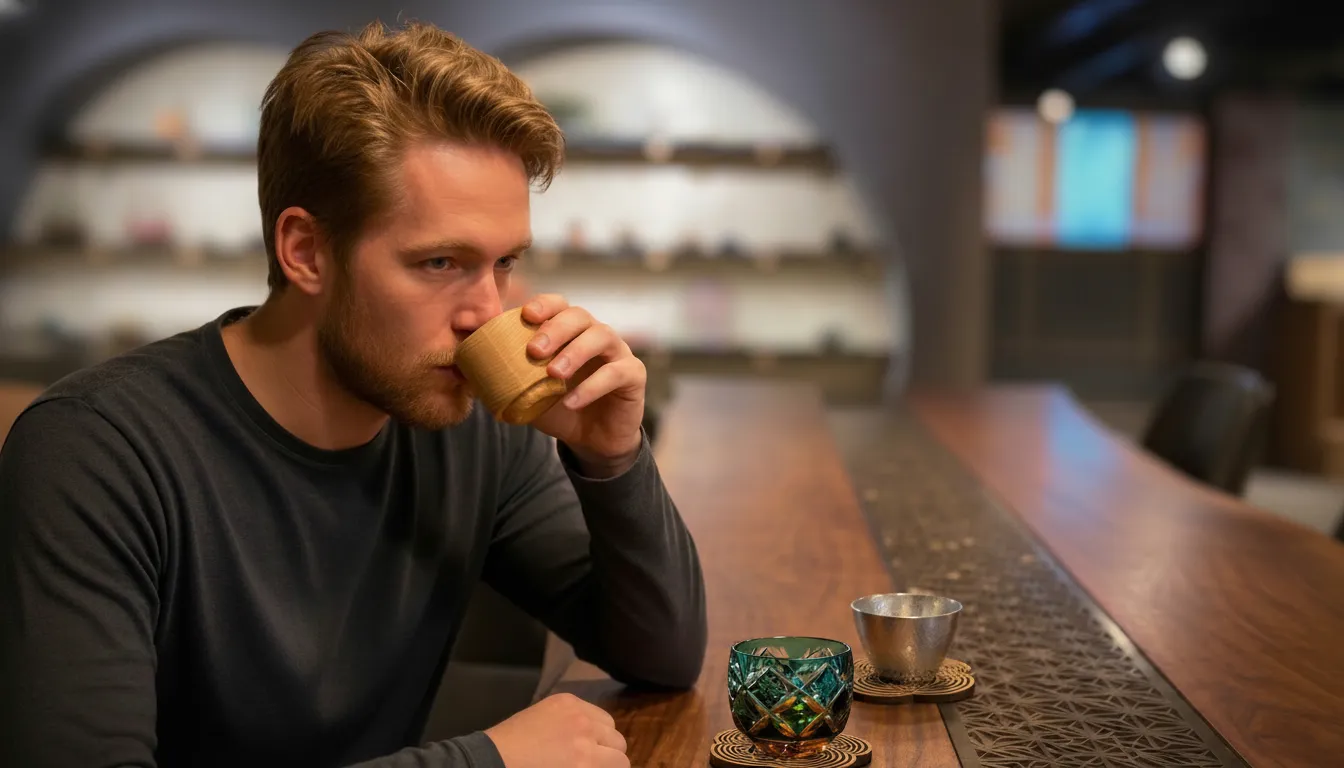 カウンターで木の酒器を口に運ぶ男性