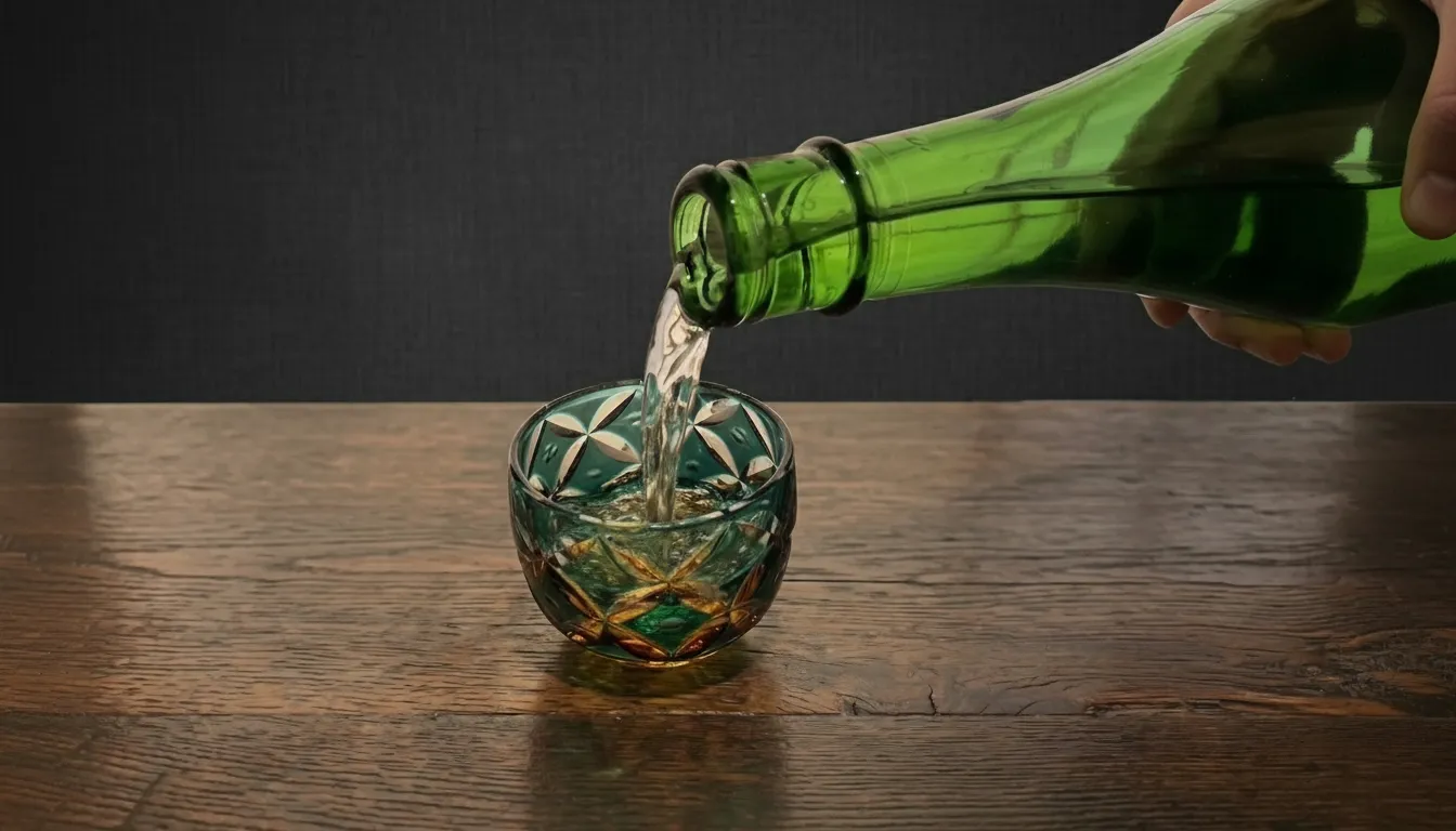 緑色の瓶から切子のガラス器に日本酒を注ぐ様子