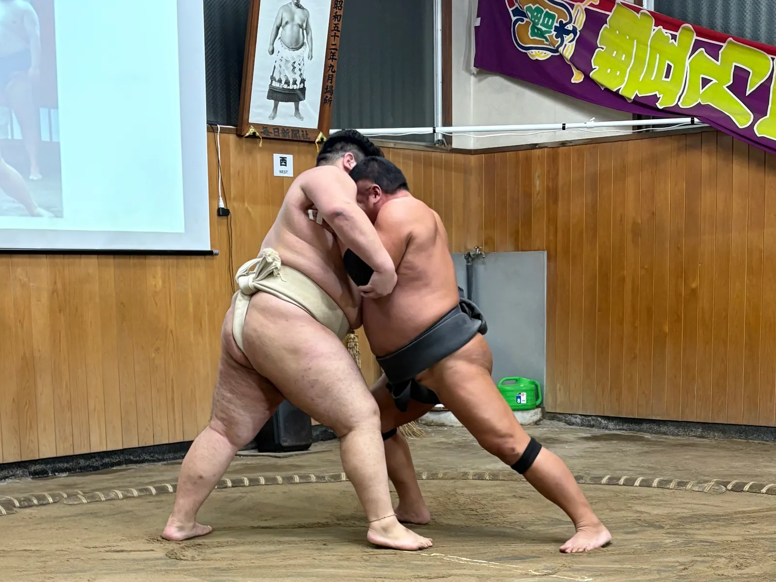 土俵で組み合う2人の元力士