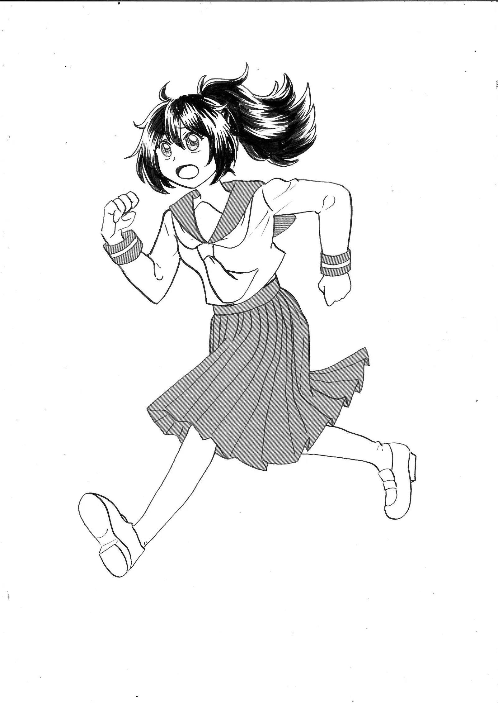 A manga illustration with screen tones of a girl in a sailor-style school uniform running