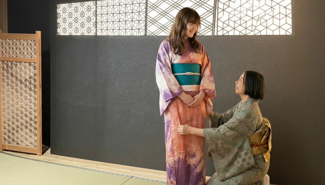 畳の上で着物姿の女性の裾をスタッフが整える様子