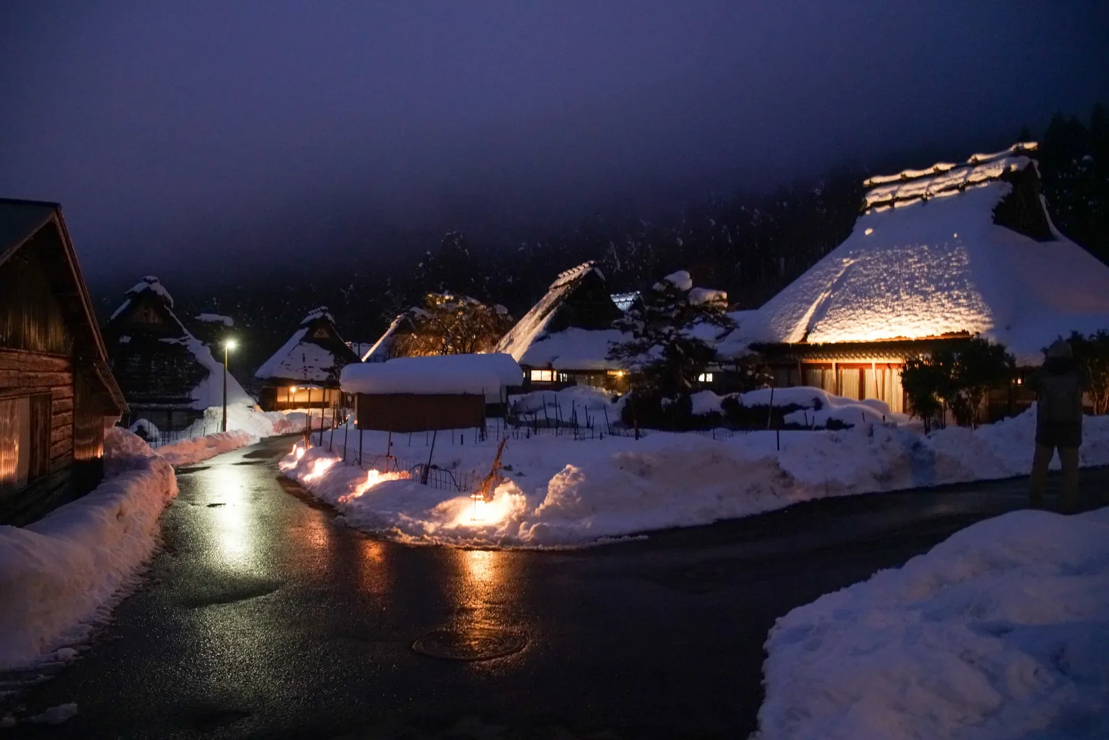 雪の残る路地とライトアップされた茅葺き民家