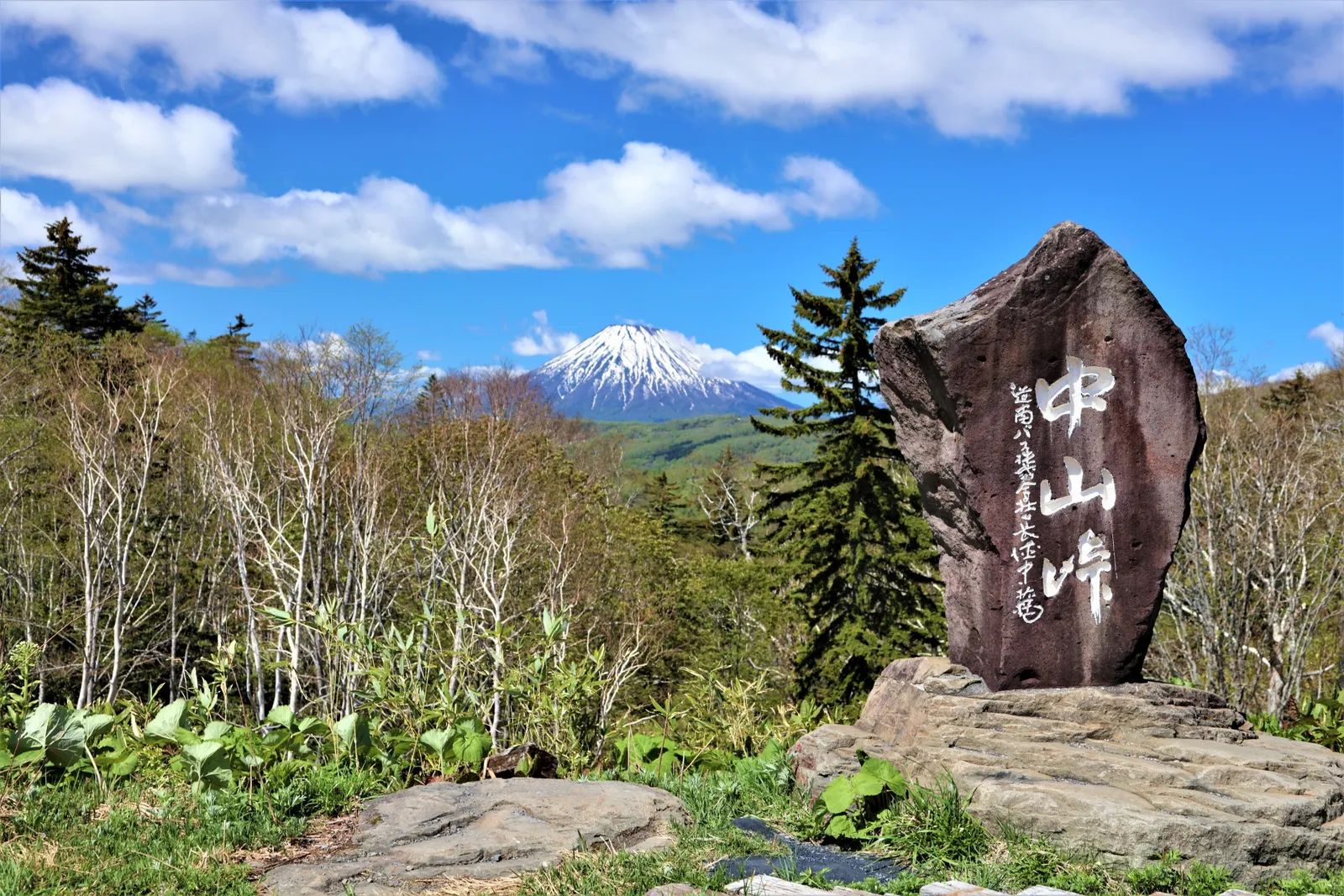 The monument at Nakayama Pass with Mt. Yotei in the distance