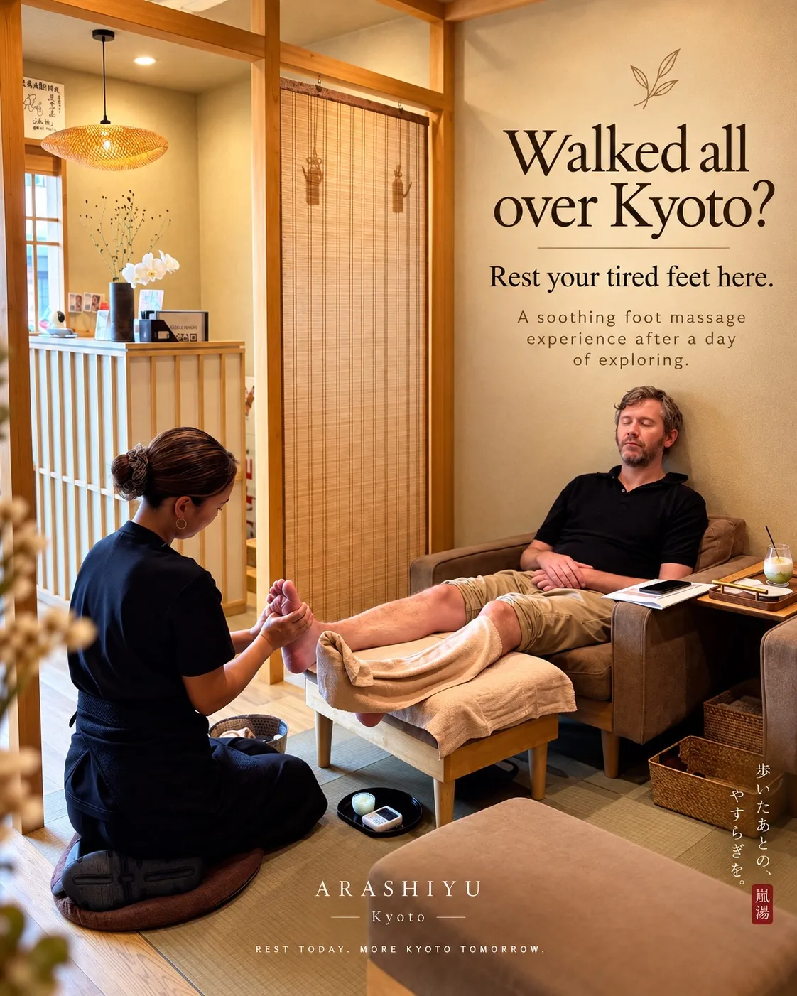 A therapist massaging a man's sole in a private tatami room