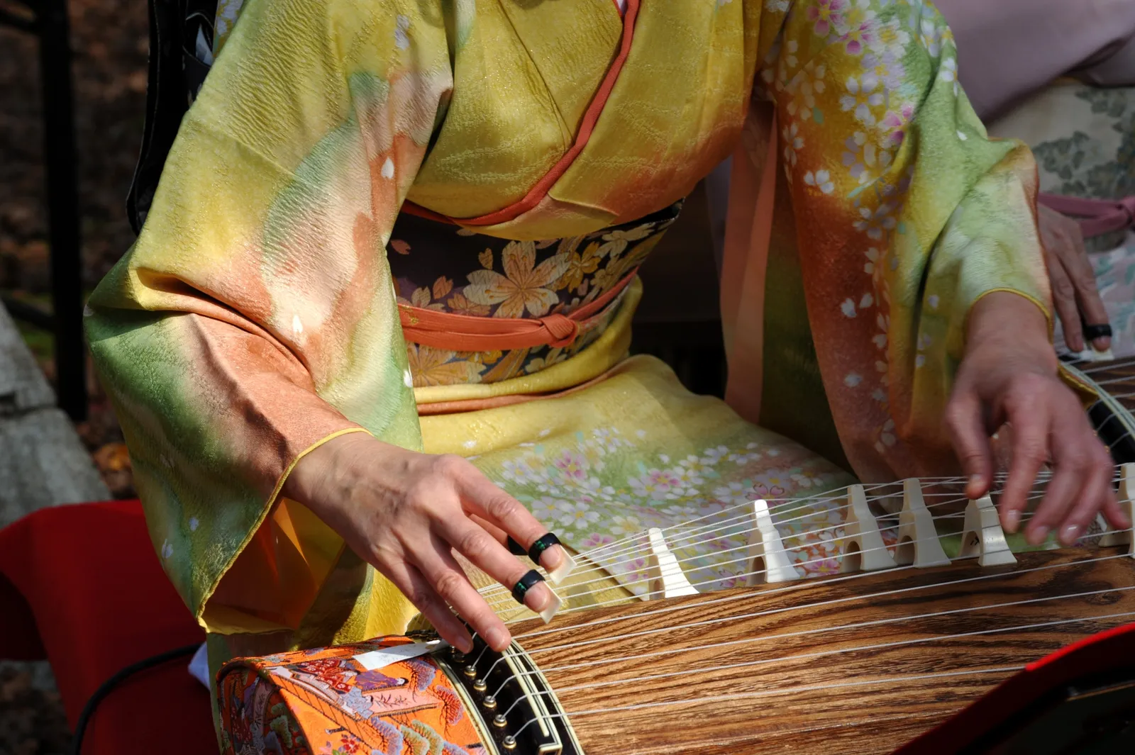 箏爪をつけて弦を弾く演奏者の手元