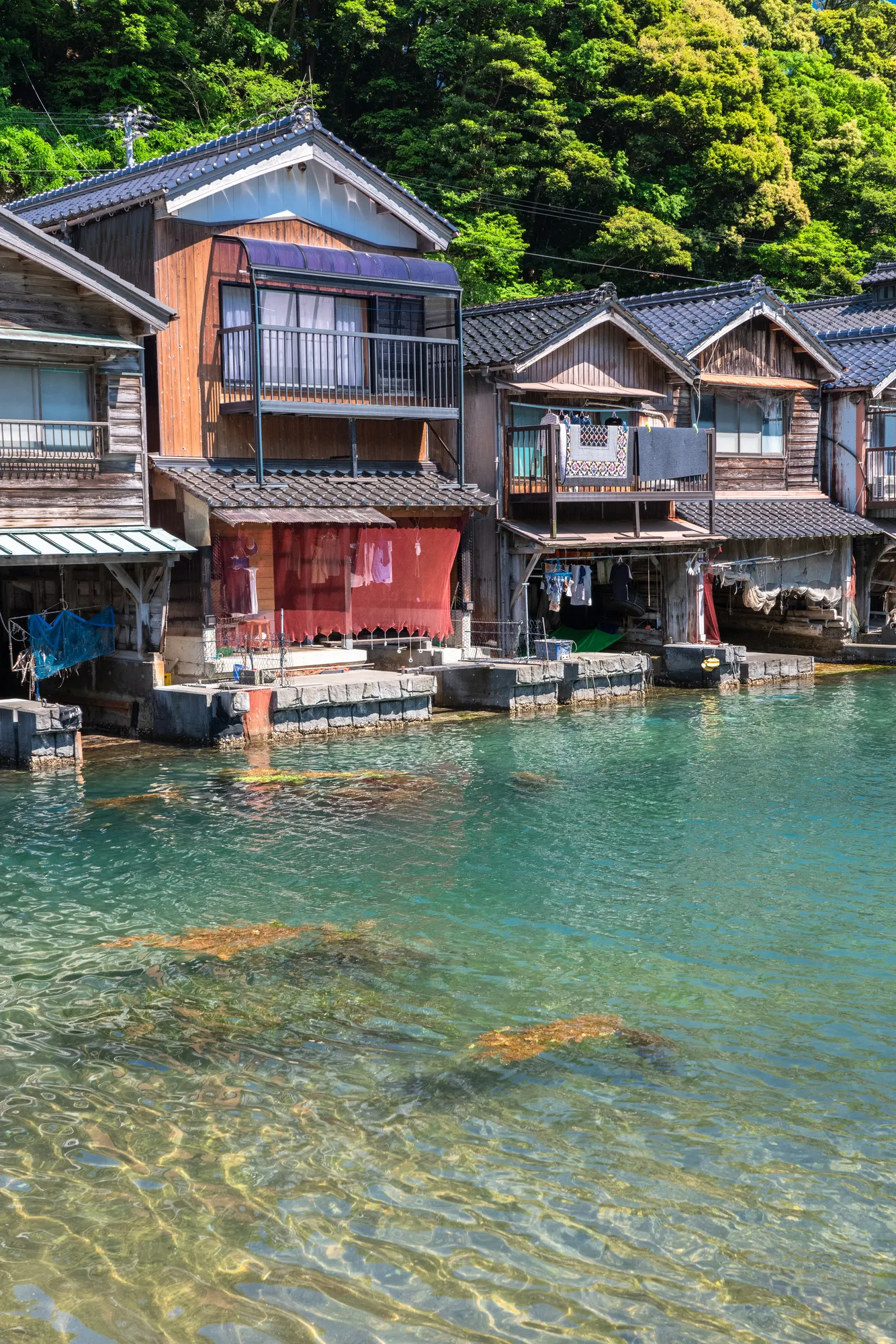澄んだ伊根湾の水際に建つ木造の舟屋