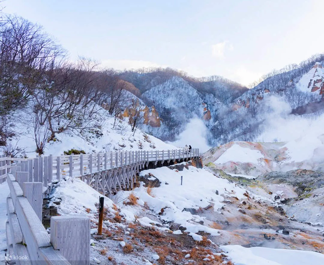 雪の積もった地獄谷の木道と湯けむり