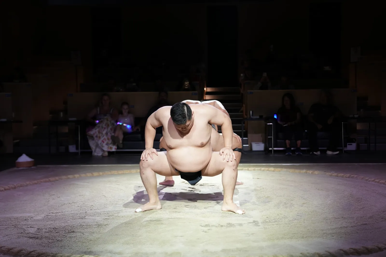 A wrestler crouching low in the ring