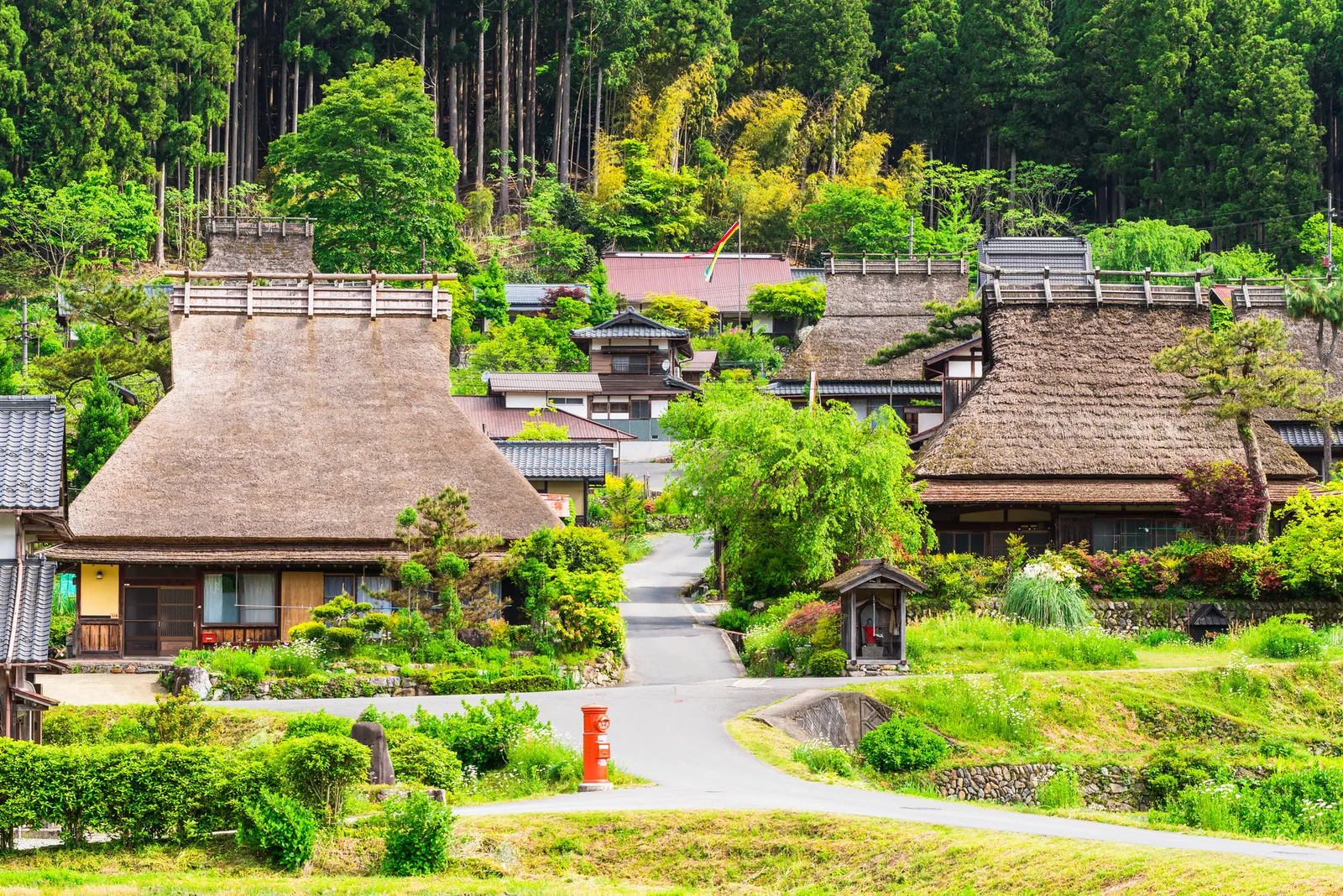 新緑に囲まれたかやぶき屋根の民家と赤いポスト