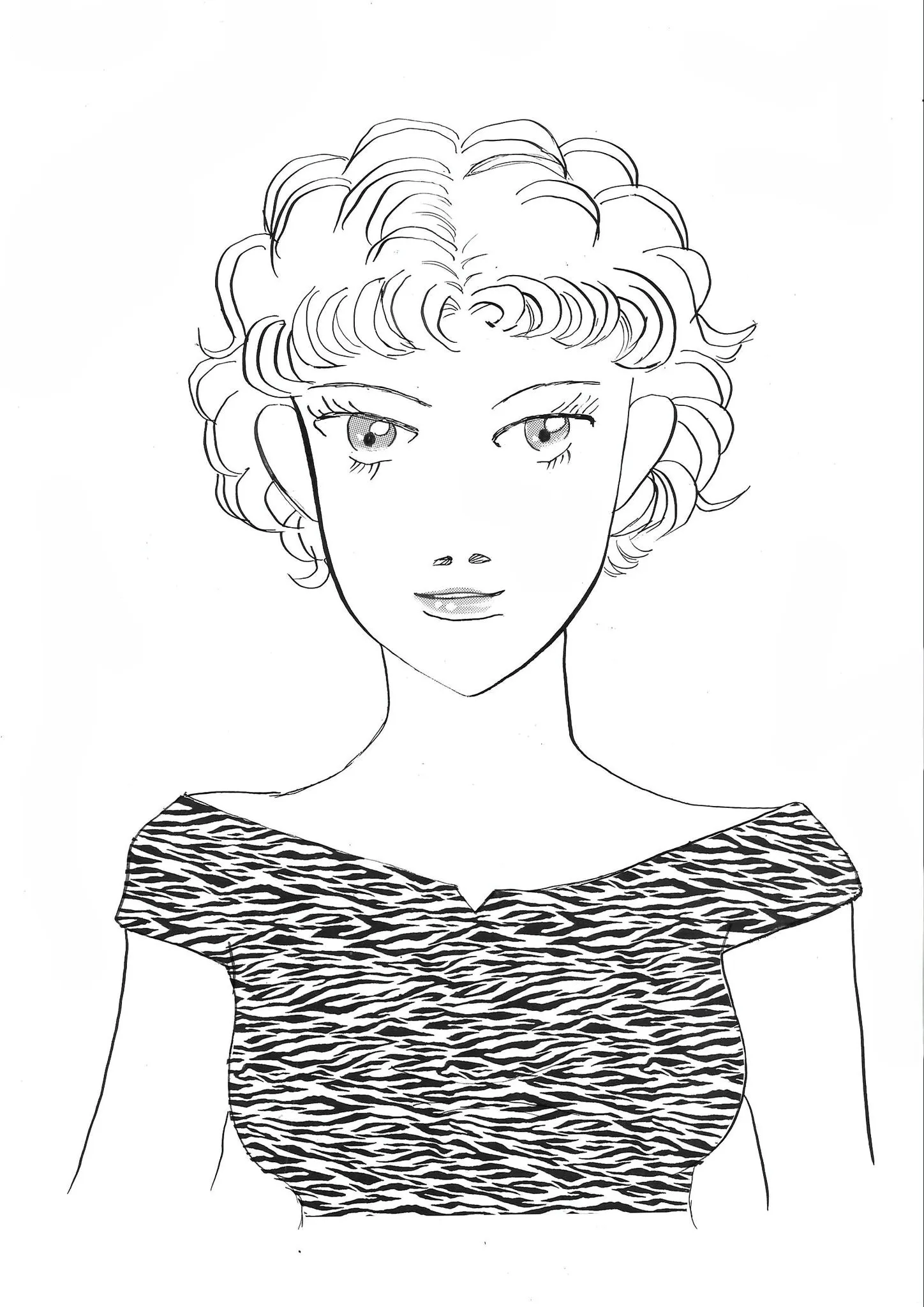 A black-and-white manga illustration of a woman with curled hair wearing patterned clothing
