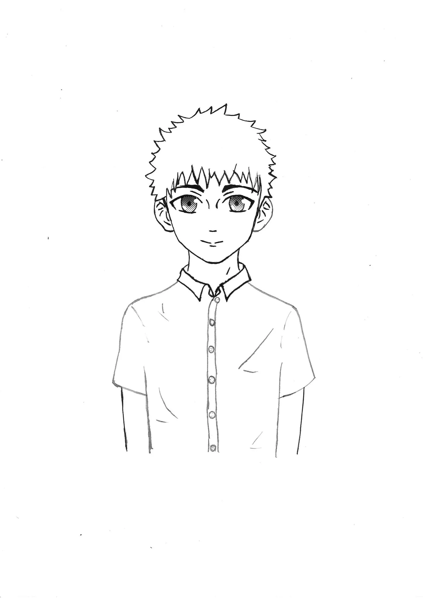 A manga illustration of a short-haired boy wearing a short-sleeved shirt