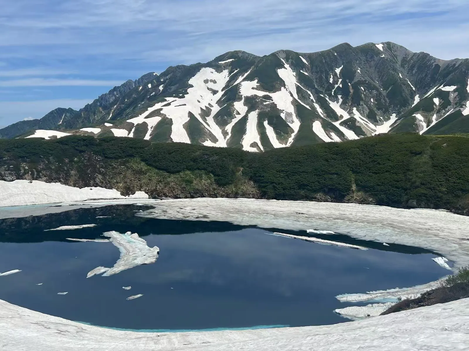 残雪に囲まれた青い池と雪の筋が残る山並み