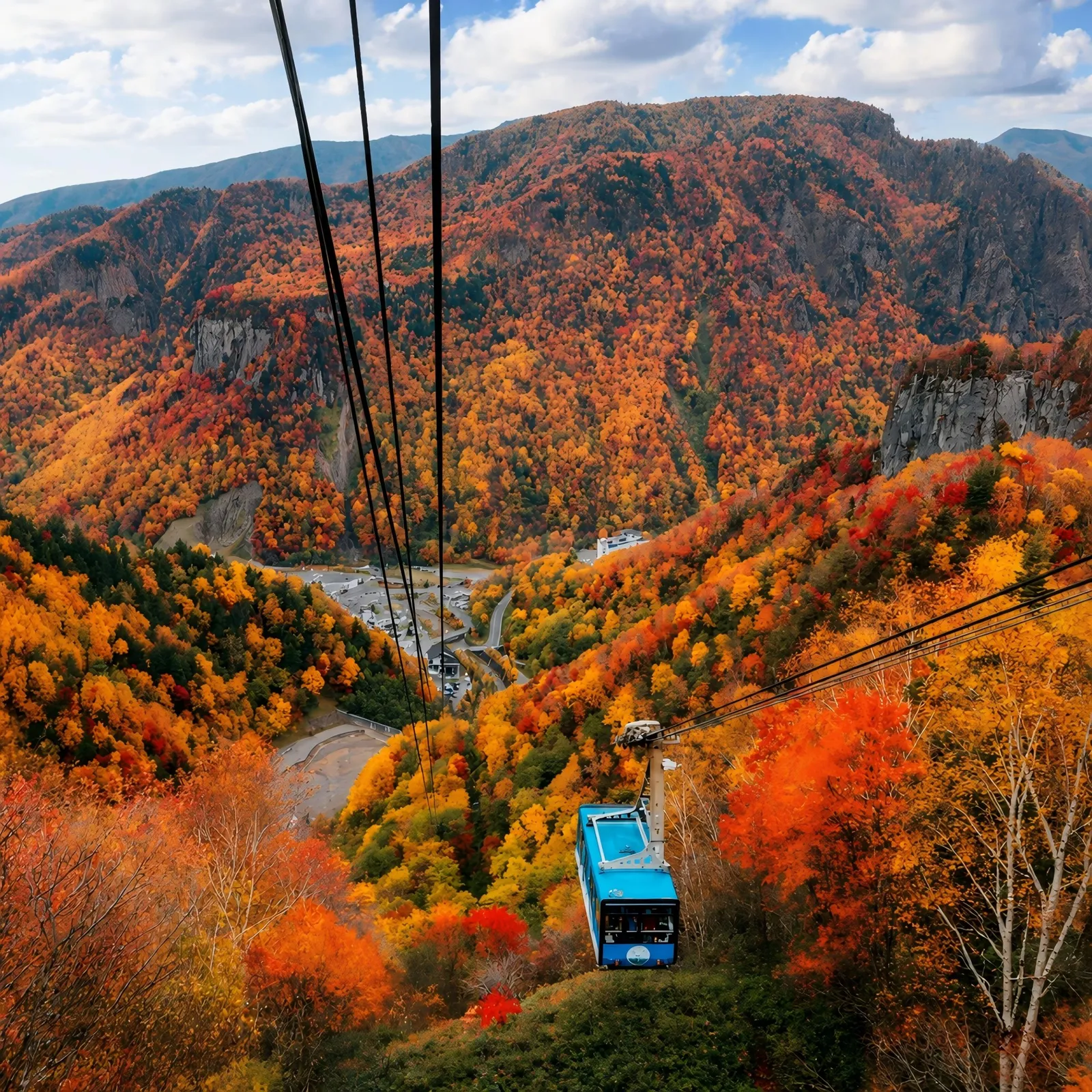 紅葉の山肌を上るロープウェイのゴンドラと眼下の温泉街