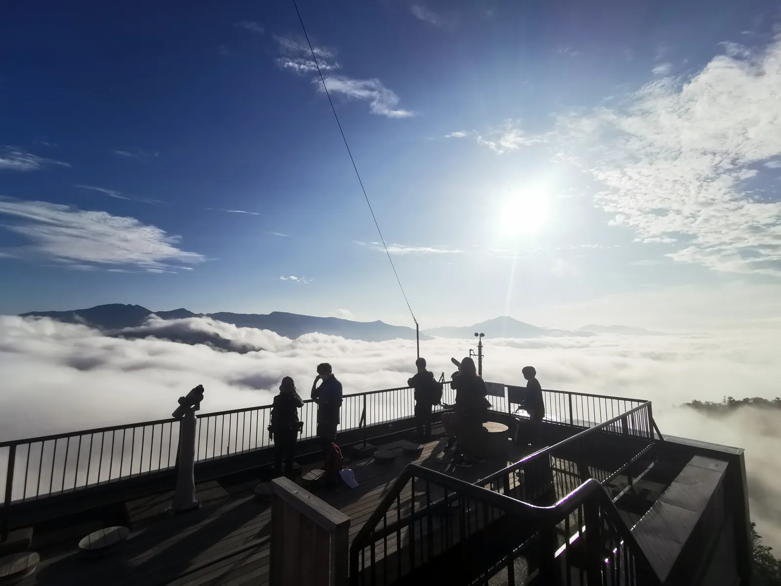 展望デッキから雲海と山並みを眺める人々