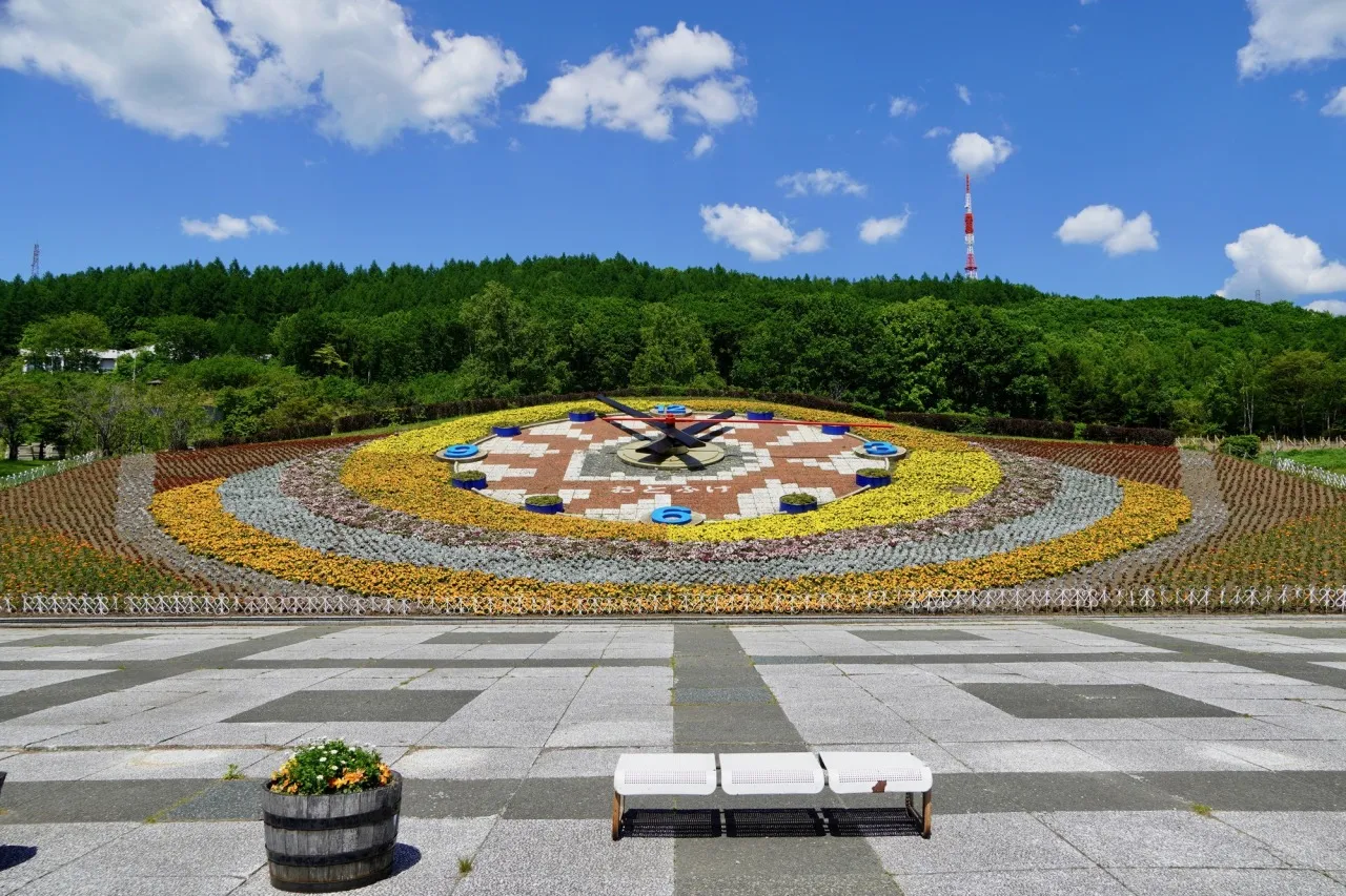 青空の下に広がる大きな花時計と公園の広場