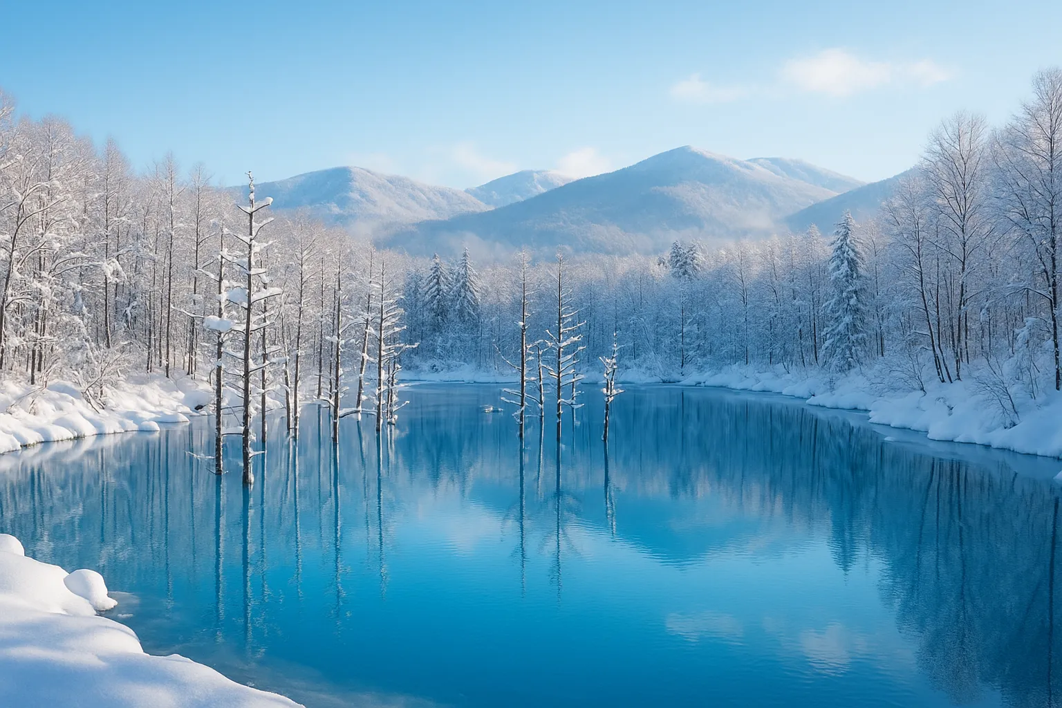 The Blue Pond surrounded by snowy trees, with trees standing in the water