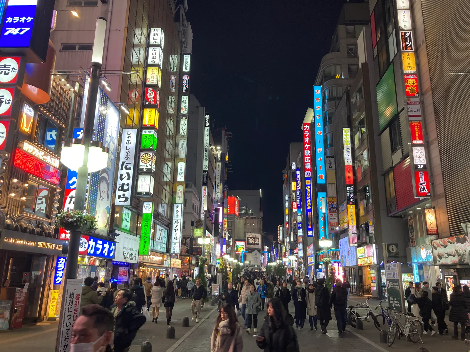 夜の歌舞伎町のメインストリートに並ぶネオン看板と多くの歩行者