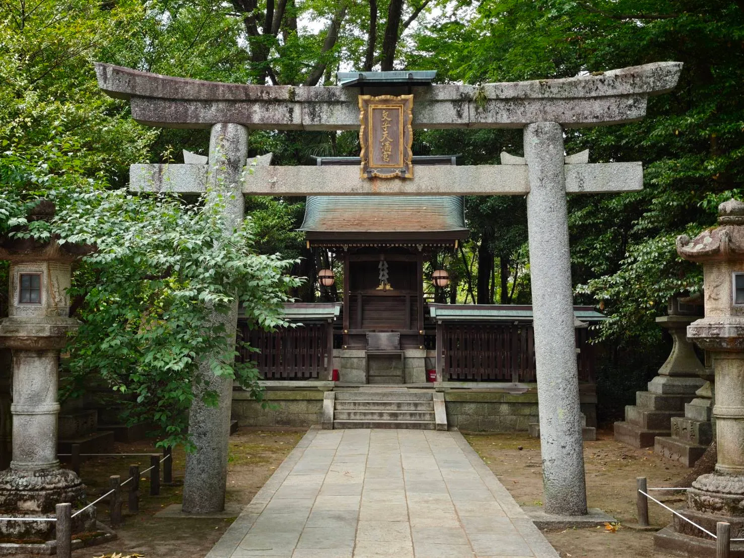石の鳥居の奥に建つ小さな社