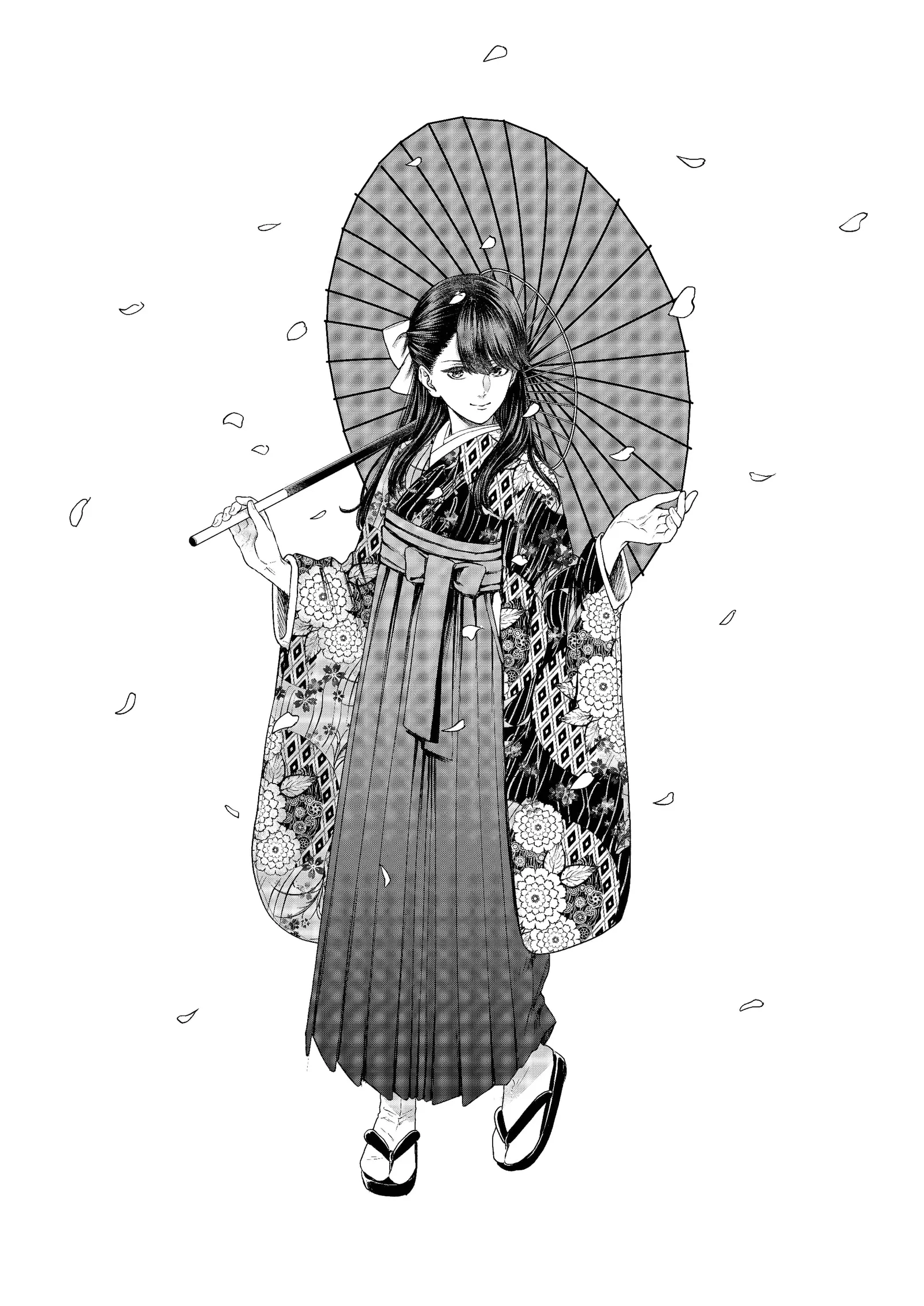 和傘を肩にかけた袴姿の女性の漫画イラスト