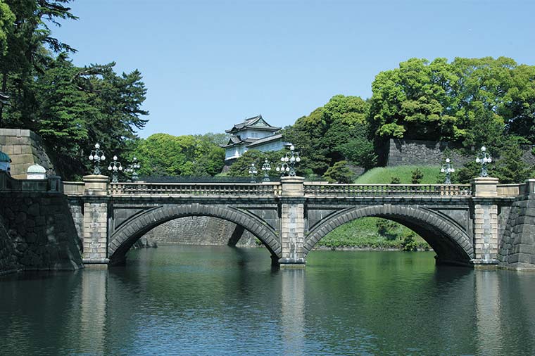 堀に架かる二重橋と奥に見える櫓