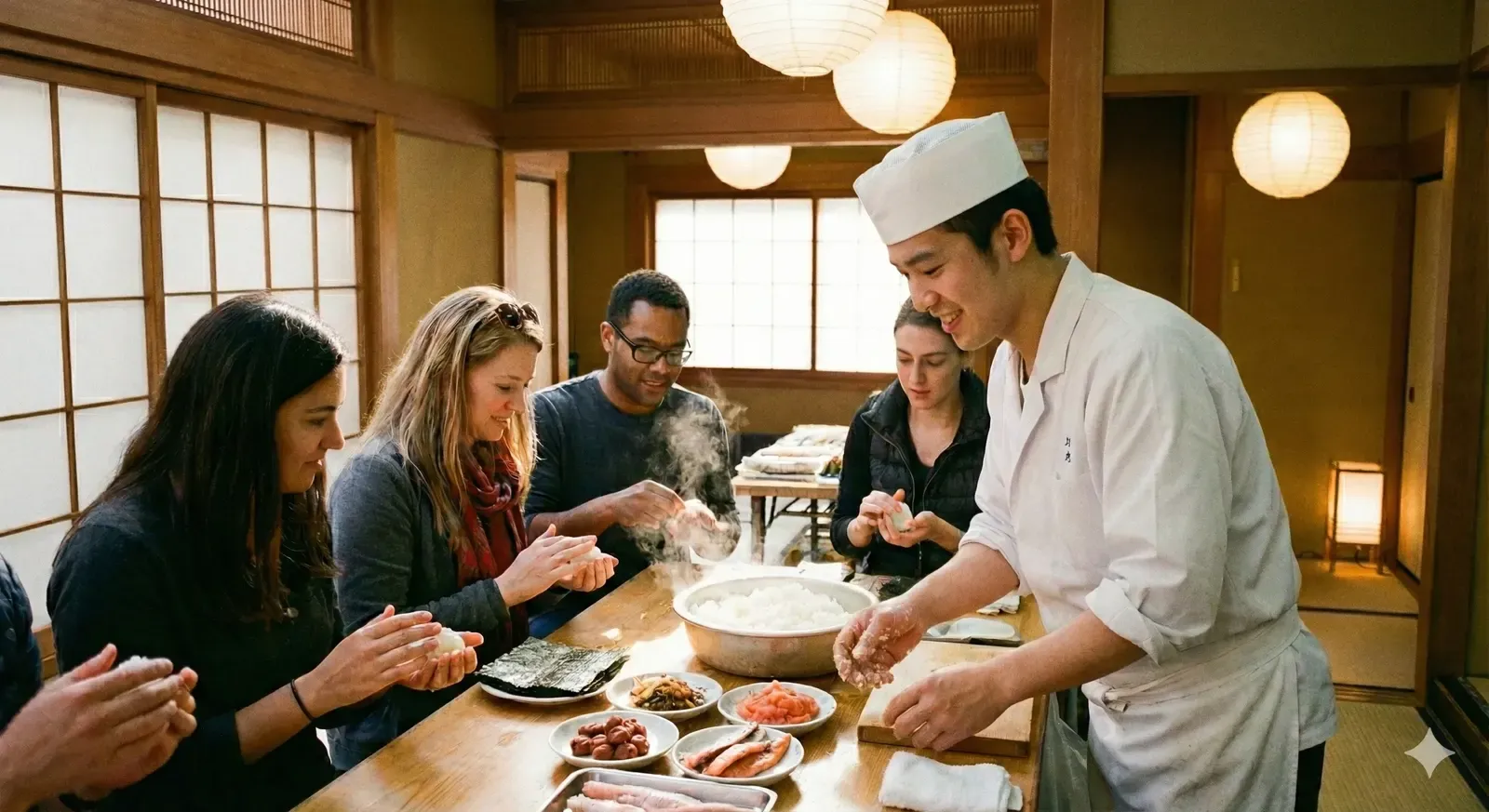 講師のそばでご飯を握る参加者たち