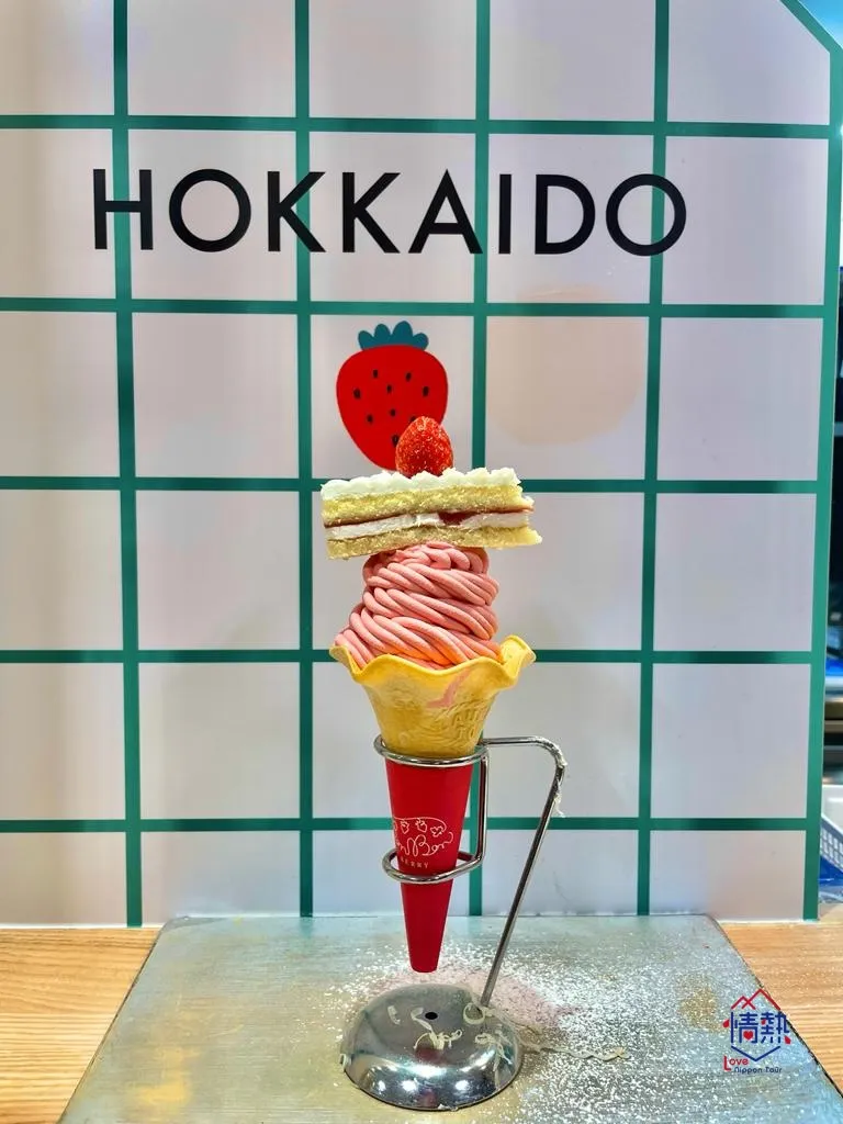 HOKKAIDO 글자 앞에 놓인 딸기 소프트아이스크림 디저트